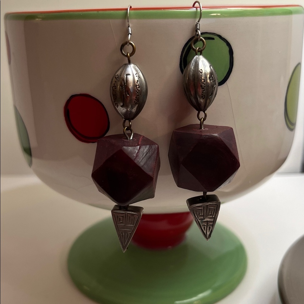 Vintage Silver and Deep Red Wood Earrings - Picture 2 of 10